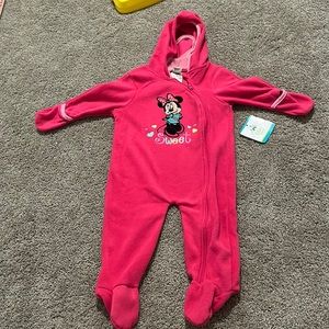Minnie Mouse fleece sleeper with hood and feet.